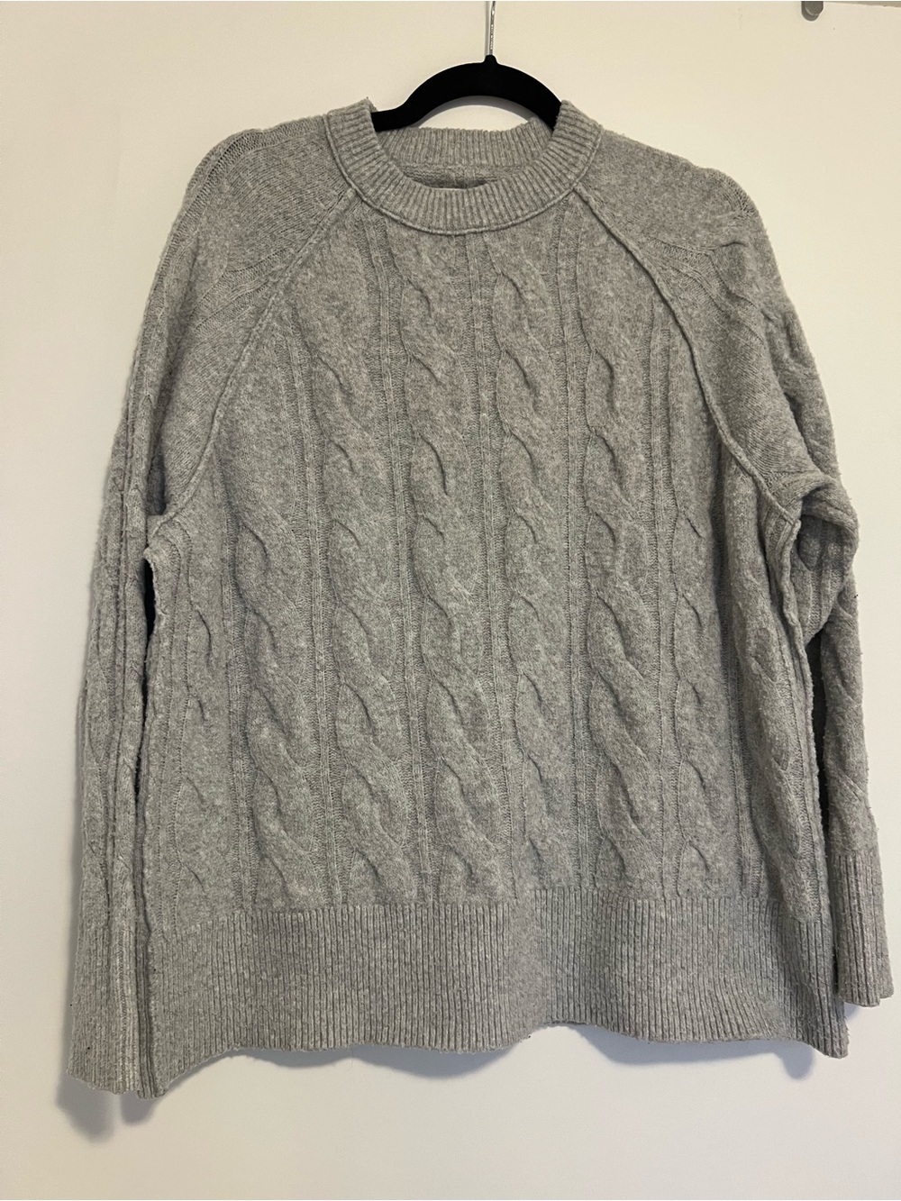 Aerie Oversized Light Gray Cable Knit Crewneck Sweater
